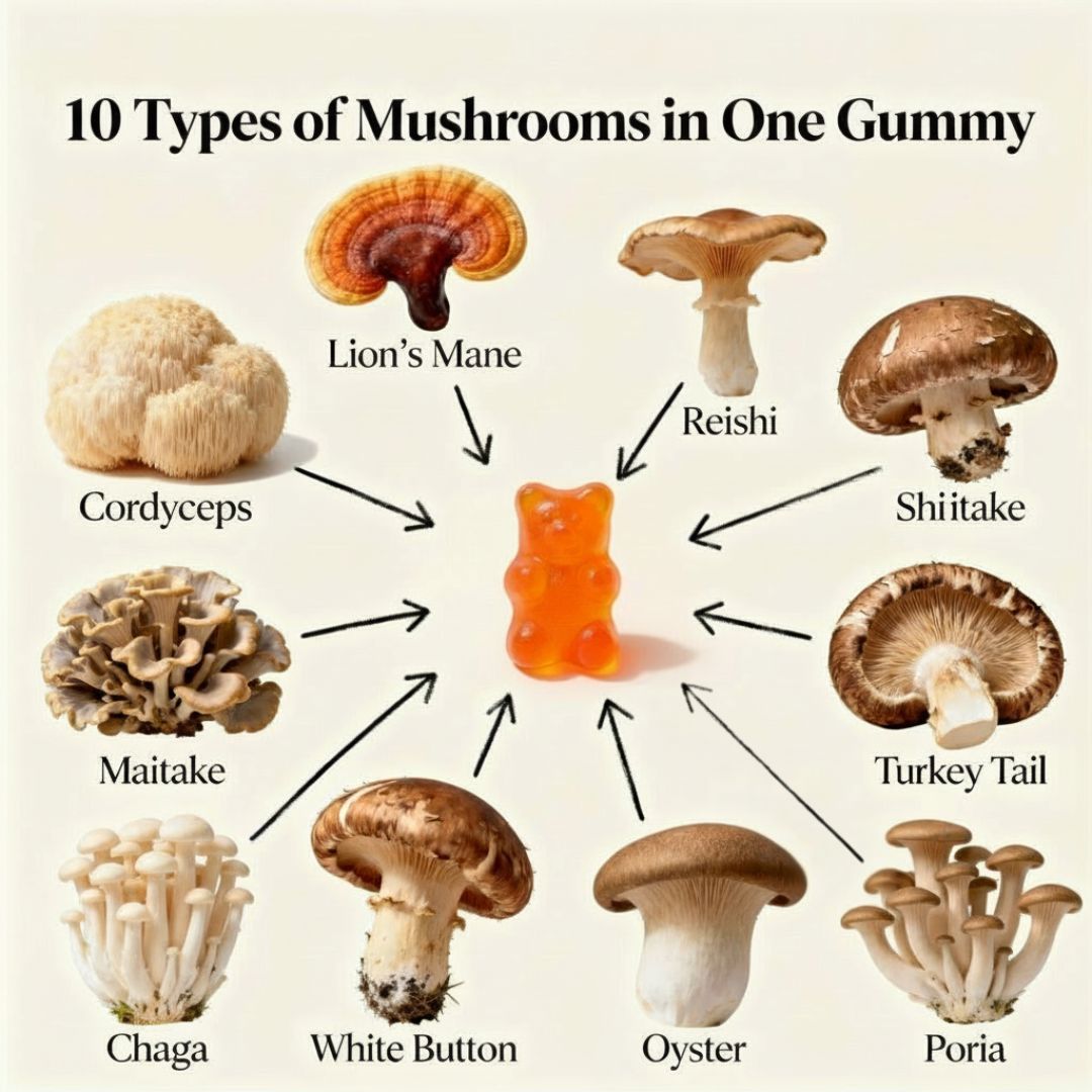 MINDEZY Mushroom Gummies 10-Plex with Lion’s Mane, Raspberry Flavor | 60 Vegan Gummies