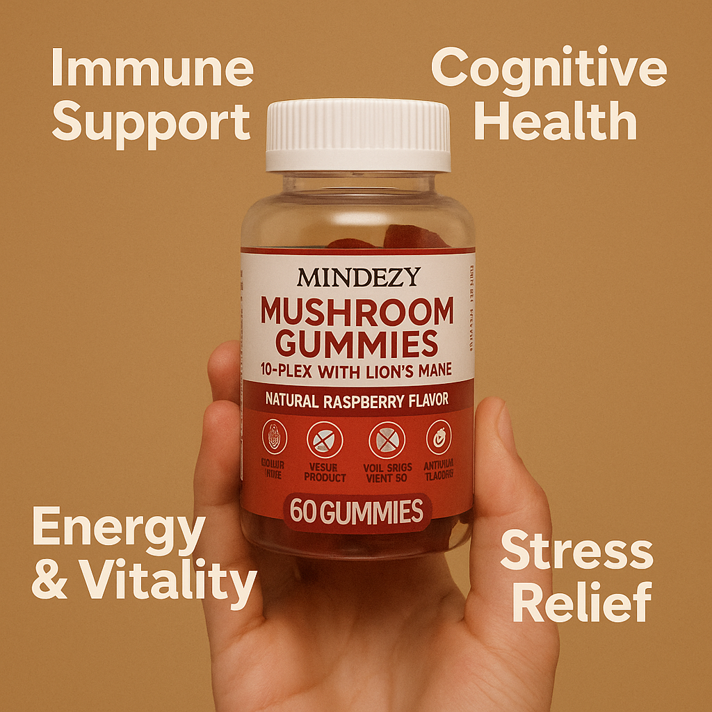MINDEZY Mushroom Gummies 10-Plex with Lion’s Mane, Raspberry Flavor | 60 Vegan Gummies