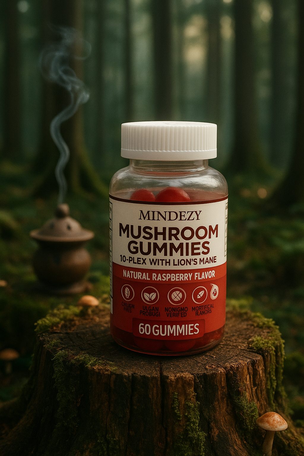 MINDEZY Mushroom Gummies 10-Plex with Lion’s Mane, Raspberry Flavor | 60 Vegan Gummies