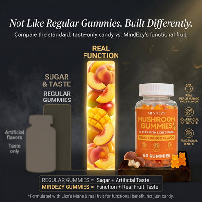 MINDEZY Mushroom Gummies 10-Plex with Lion’s Mane, Peach & Mango Flavor | 60 Vegan Gummies | Non-Psychoactive