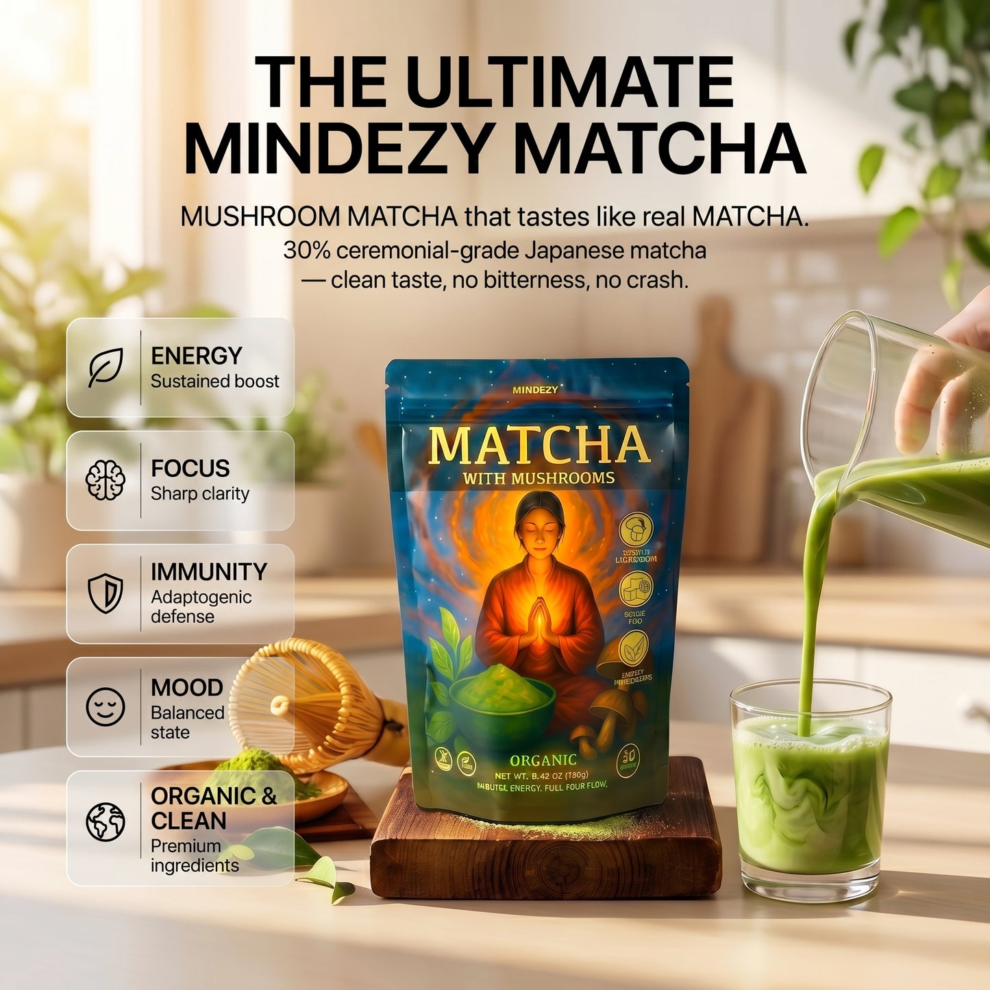MINDEZY Organic Matcha with Mushrooms - Focused Energy for Mind & Body (30 Servings) | Non-Psychoactive