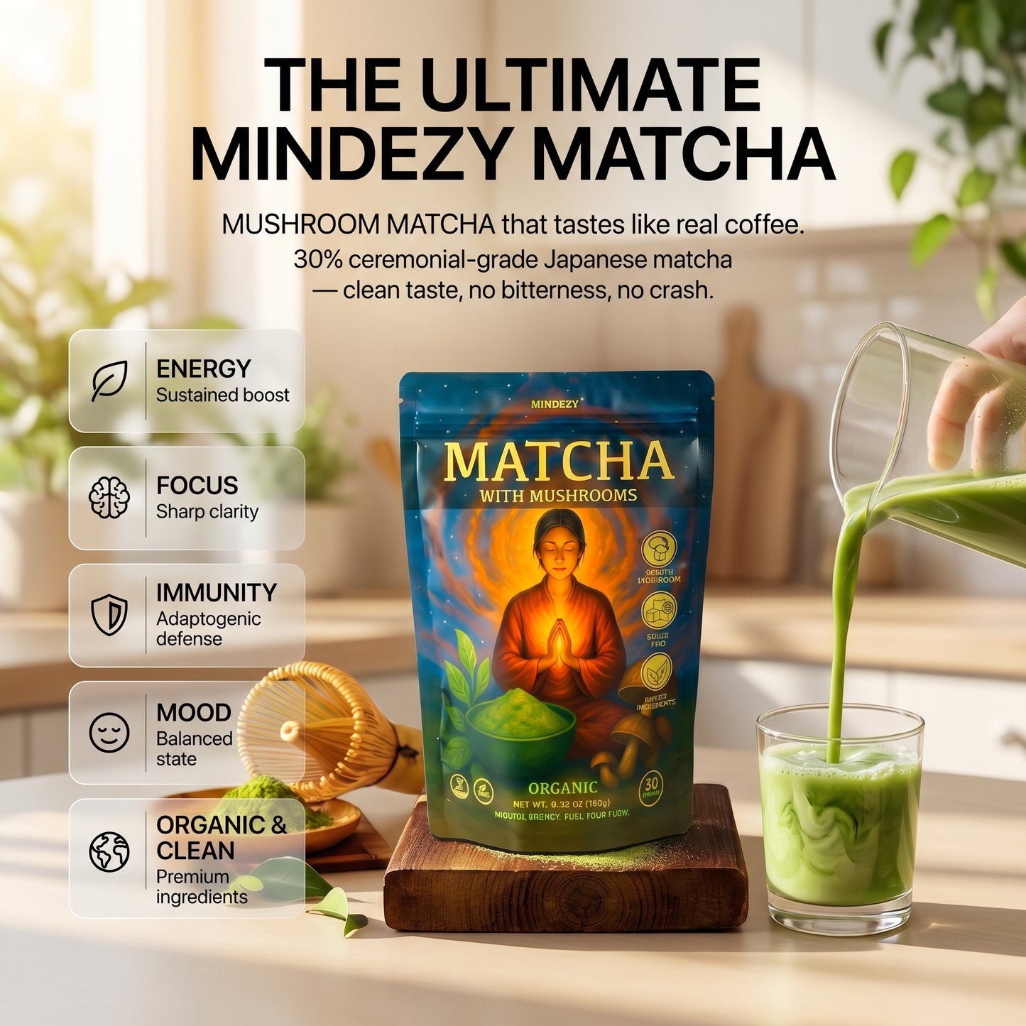 MINDEZY Organic Matcha with Mushrooms - Focused Energy for Mind & Body (30 Servings) | Non-Psychoactive