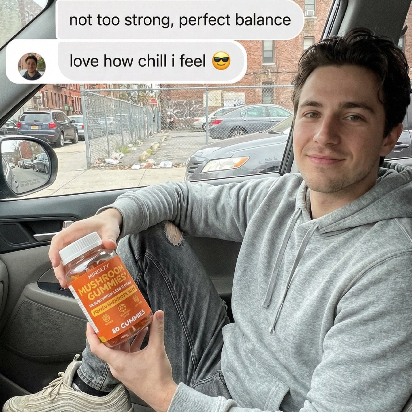 Person sitting in a car holding a bottle of gummies with text overlay.