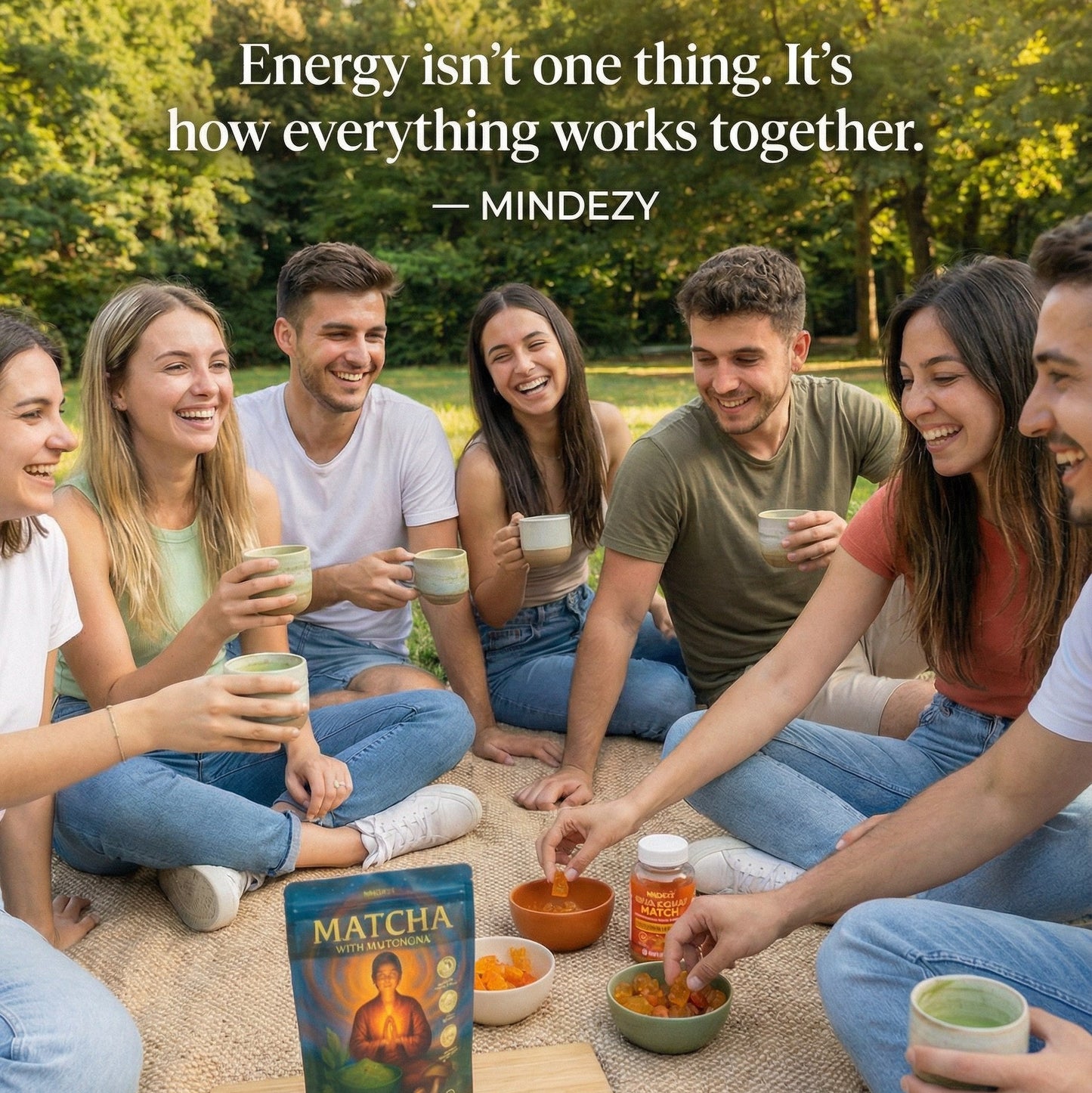 Group of friends enjoying a matcha tea session outdoors with Mindezy matcha packaging.