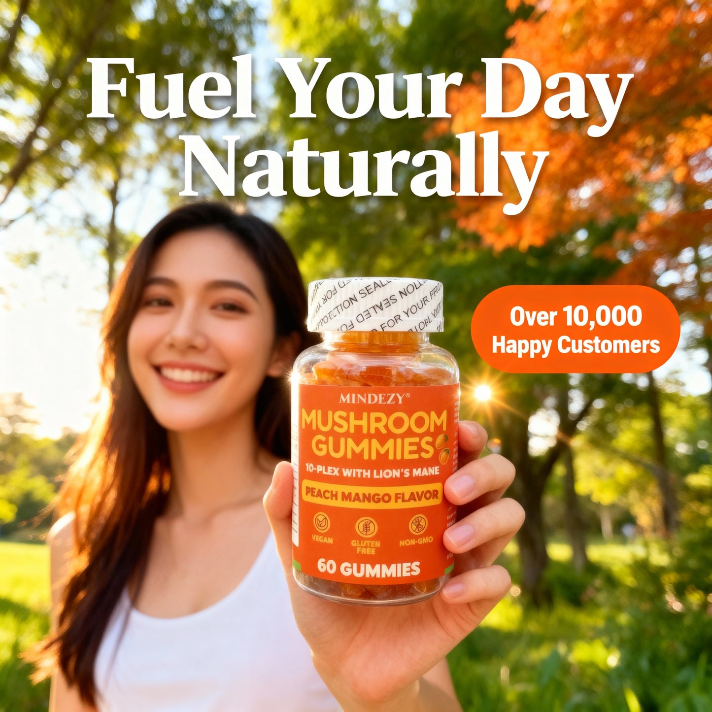 MINDEZY Mushroom Gummies 10-Plex with Lion’s Mane, Peach & Mango Flavor | 60 Vegan Gummies | Non-Psychoactive