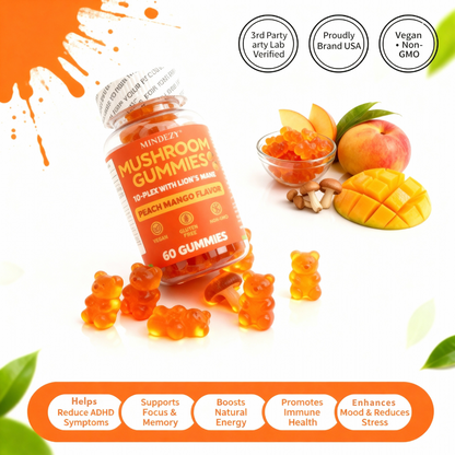 MINDEZY Mushroom Gummies 10-Plex with Lion’s Mane, Peach & Mango Flavor | 60 Vegan Gummies | Non-Psychoactive