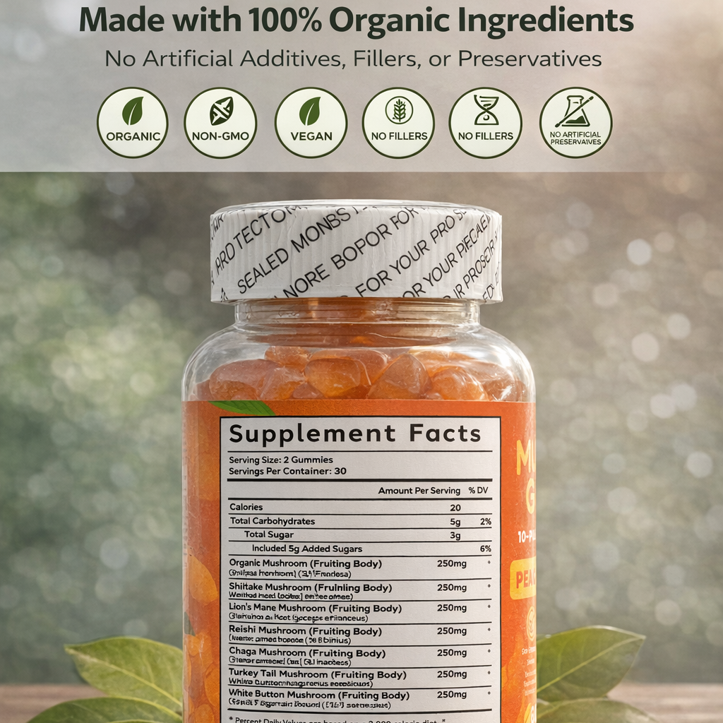 Supplement bottle with label on a wooden surface with greenery