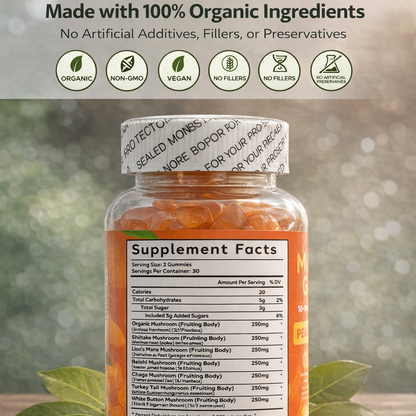 Supplement bottle with label on a wooden surface with greenery