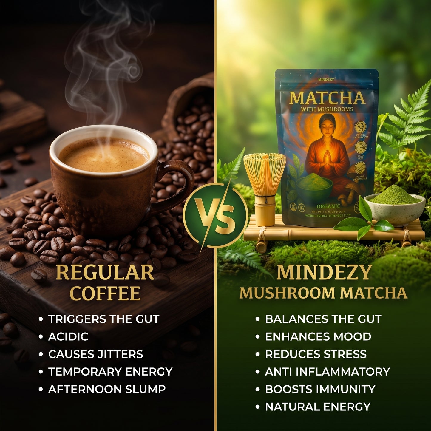 MINDEZY Organic Matcha with Mushrooms - Focused Energy for Mind & Body (30 Servings) | Non-Psychoactive