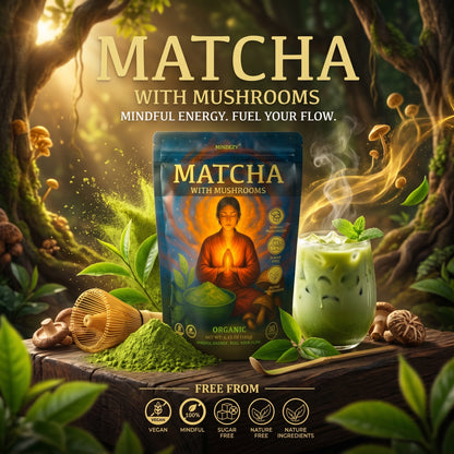 MINDEZY Organic Matcha with Mushrooms - Focused Energy for Mind & Body (30 Servings) | Non-Psychoactive