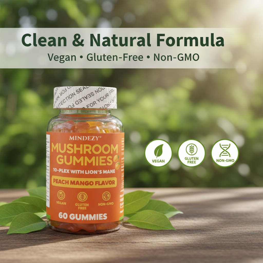 MINDEZY Mushroom Gummies 10-Plex with Lion’s Mane, Raspberry Flavor | 60 Vegan Gummies