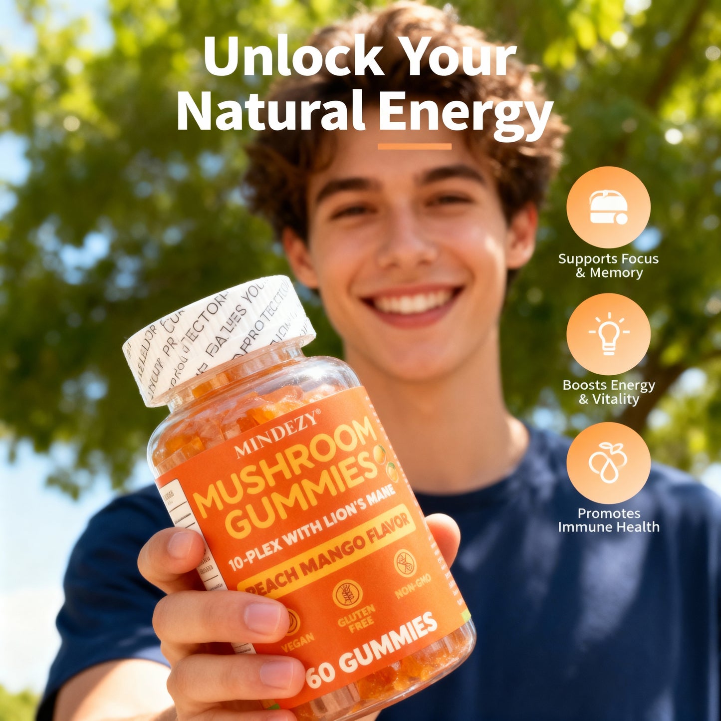 MINDEZY Mushroom Gummies 10-Plex with Lion’s Mane, Raspberry Flavor | 60 Vegan Gummies