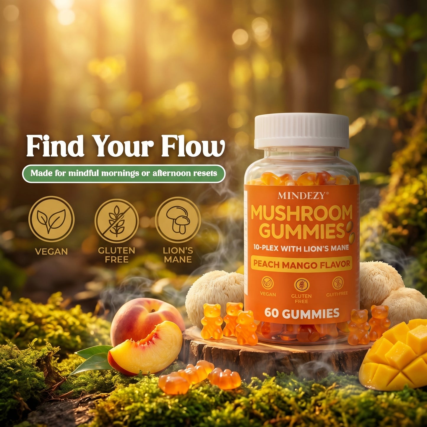 MINDEZY Mushroom Gummies 10-Plex with Lion’s Mane, Peach & Mango Flavor | 60 Vegan Gummies | Non-Psychoactive