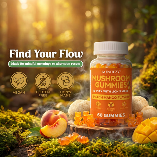 MINDEZY Mushroom Gummies 10-Plex with Lion’s Mane, Peach & Mango Flavor | 60 Vegan Gummies | Non-Psychoactive