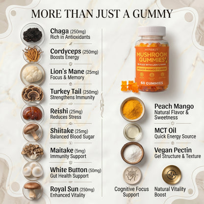 MINDEZY Mushroom Gummies 10-Plex with Lion’s Mane, Peach & Mango Flavor | 60 Vegan Gummies | Non-Psychoactive