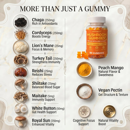 MINDEZY Gummies with Adaptogens 10 Complex , Peach & Mango Flavor | 60 Vegan Gummies | Non-Psychoactive