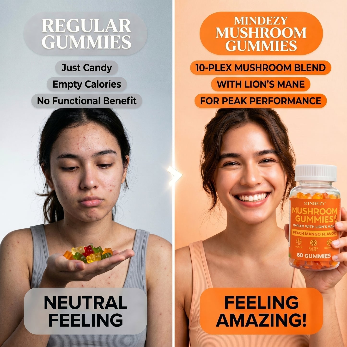 MINDEZY Mushroom Gummies 10-Plex with Lion’s Mane, Peach & Mango Flavor | 60 Vegan Gummies | Non-Psychoactive