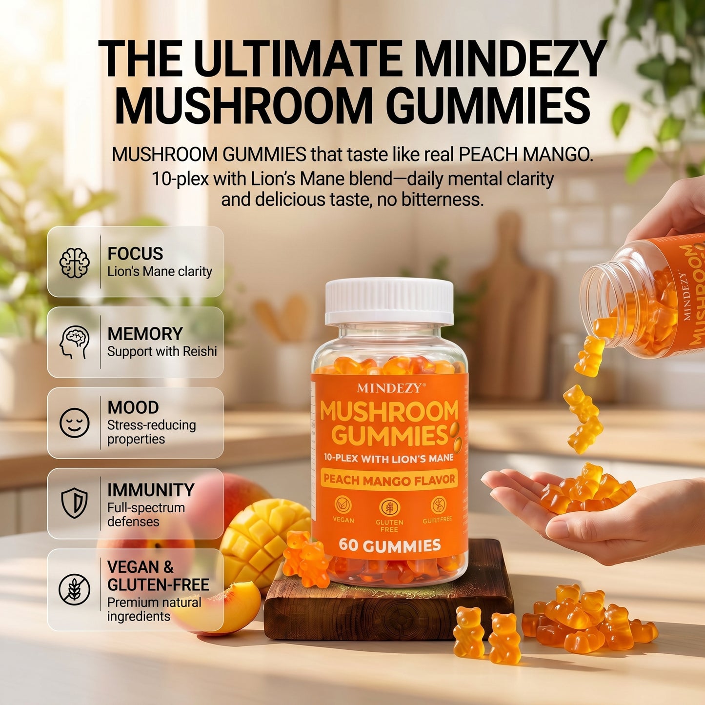 MINDEZY Gummies with Adaptogens 10 Complex , Peach & Mango Flavor | 60 Vegan Gummies | Non-Psychoactive