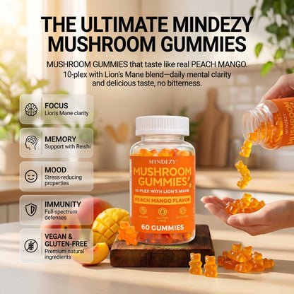 MINDEZY Gummies with Adaptogens 10 Complex , Peach & Mango Flavor | 60 Vegan Gummies | Non-Psychoactive