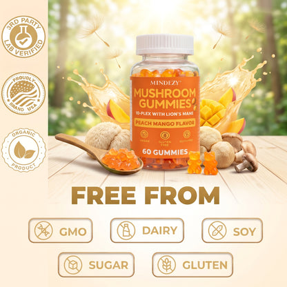 MINDEZY Gummies with Adaptogens 10 Complex , Peach & Mango Flavor | 60 Vegan Gummies | Non-Psychoactive