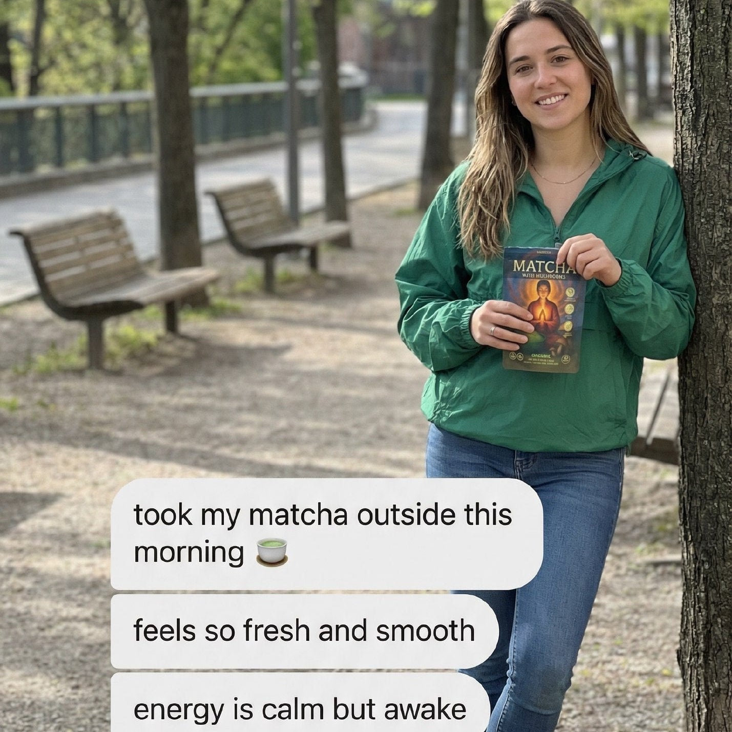 Woman holding a matcha bag in a park with text overlay about matcha