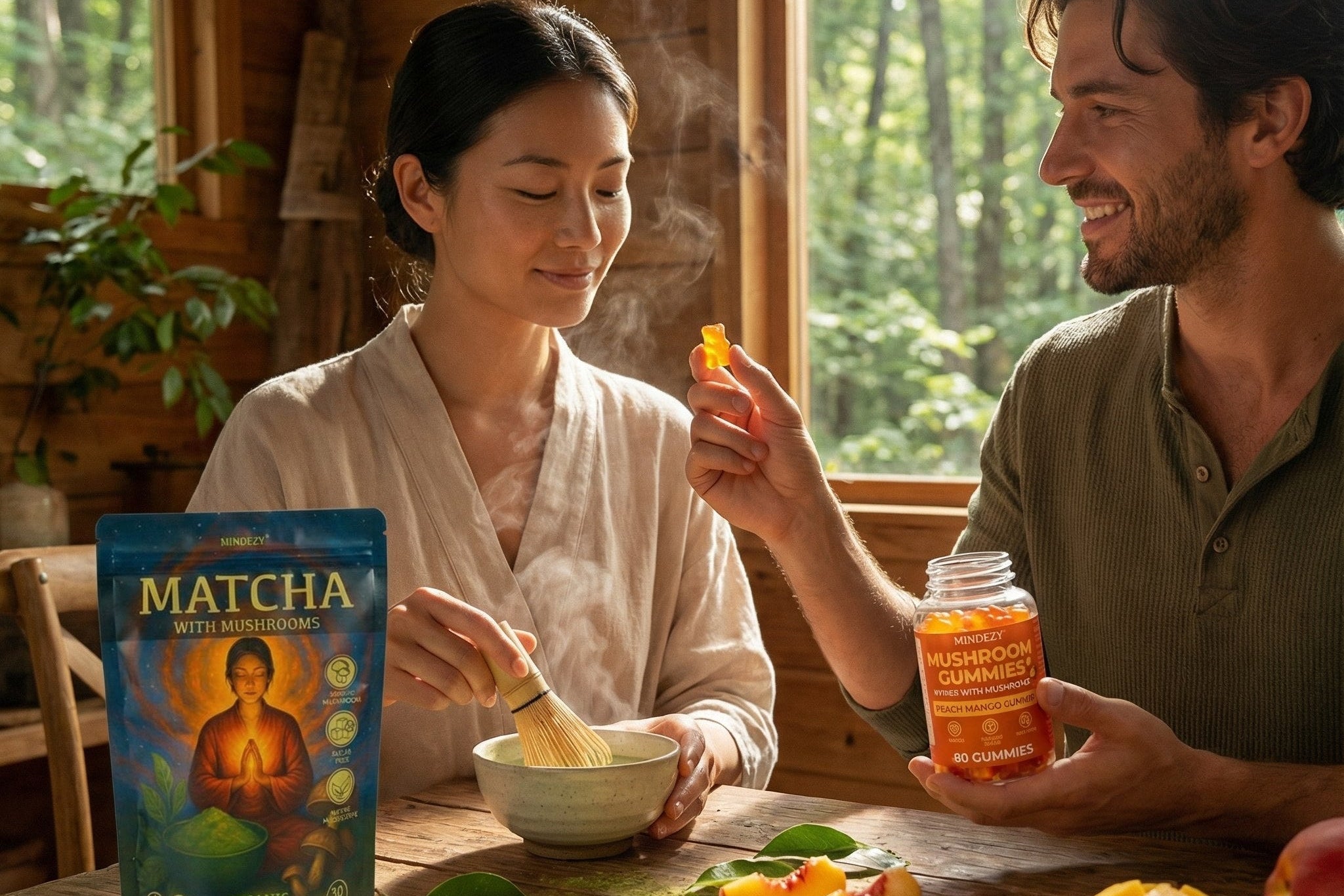 Man and woman in a cozy indoor setting with matcha packaging and gummy bears.