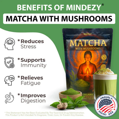 MINDEZY Matcha with Mushrooms - Focused Energy for Mind & Body (30 Servings)