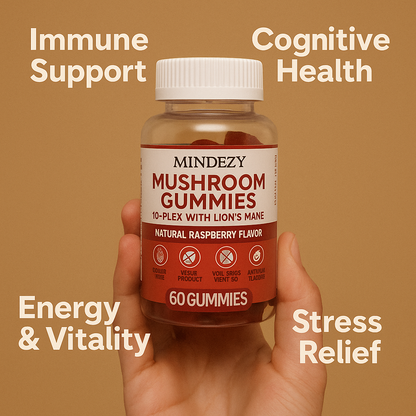 MINDEZY Mushroom Gummies 10-Plex with Lion’s Mane, Raspberry Flavor | 60 Vegan Gummies